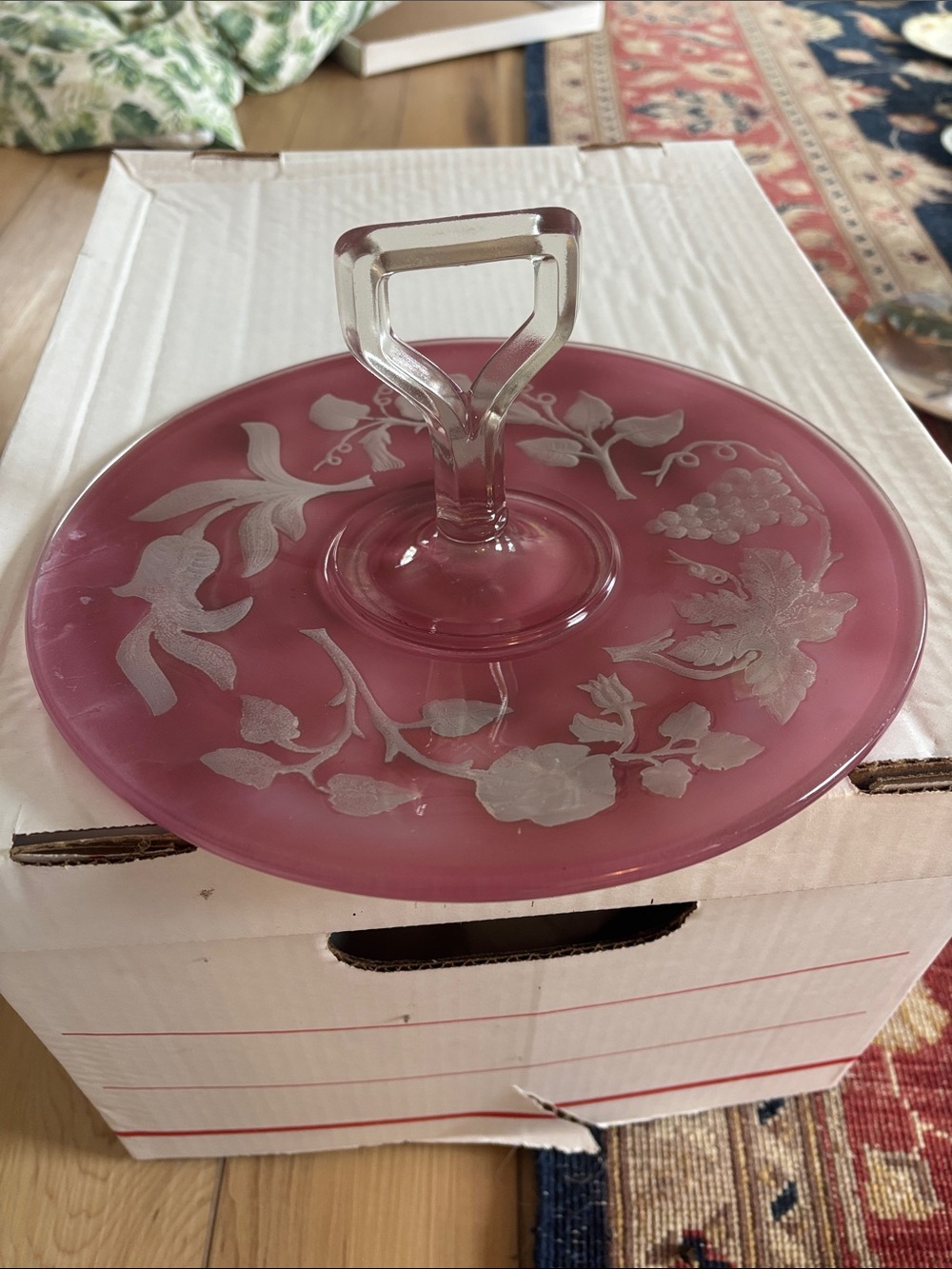 Vintage Pink Depression Glass Center Handle Serving Tray 10"